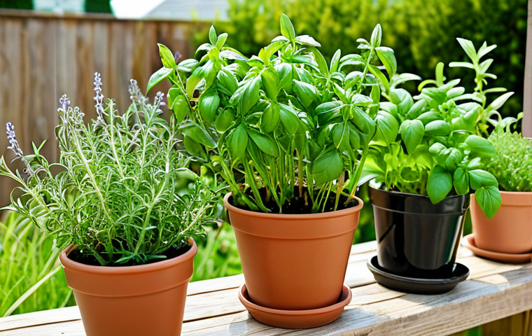 **Image Prompt 1: Fresh Herbs for BBQ Sauce**
Create an image of a vibrant garden with fresh herbs such as basil, thyme, and rosemary growing in pots. The scene should evoke a sense of freshness and flavor, with a sunny background highlighting the herbs' rich green colors.