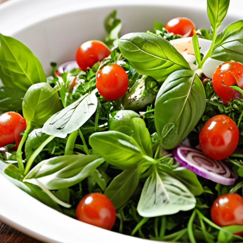 A vibrant, close-up shot of a mixed herb salad with fresh basil, parsley, and chives, drizzled with a light vinaigrette, highlighting the textures and colors of the herbs. Focus on culinary herbs that are common in Germany.