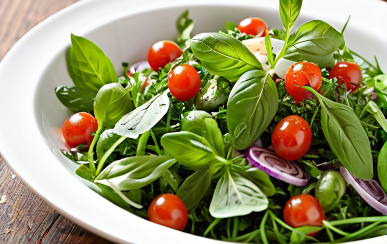 A vibrant, close-up shot of a mixed herb salad with fresh basil, parsley, and chives, drizzled with a light vinaigrette, highlighting the textures and colors of the herbs. Focus on culinary herbs that are common in Germany.
