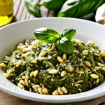Close-up of Pesto alla Genovese, highlighting fresh basil leaves, pine nuts, garlic, Parmesan, Pecorino cheese, and olive oil. Focus on the vibrant green color and textured ingredients.