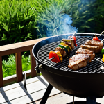 Delicious chicken skewers and lamb chops, alongside vibrant zucchini and bell peppers, perfectly grilling on a charcoal barbecue in a warm garden setting. Fresh sprigs of aromatic rosemary and thyme are placed directly on the hot grates, creating fragrant smoke that infuses the food. Bowls of freshly chopped dill and parsley sit on a nearby table, ready for garnishing. The scene captures the essence of a delightful outdoor grilling experience. Professional photography, high resolution, vibrant colors, natural lighting, perfect anatomy, correct proportions, natural pose, well-formed hands, proper finger count, natural body proportions, safe for work, appropriate content, fully clothed, family-friendly.