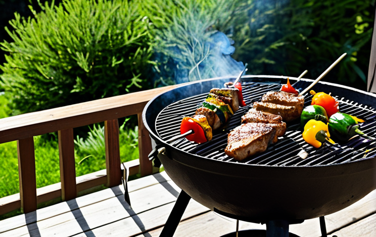 Delicious chicken skewers and lamb chops, alongside vibrant zucchini and bell peppers, perfectly grilling on a charcoal barbecue in a warm garden setting. Fresh sprigs of aromatic rosemary and thyme are placed directly on the hot grates, creating fragrant smoke that infuses the food. Bowls of freshly chopped dill and parsley sit on a nearby table, ready for garnishing. The scene captures the essence of a delightful outdoor grilling experience. Professional photography, high resolution, vibrant colors, natural lighting, perfect anatomy, correct proportions, natural pose, well-formed hands, proper finger count, natural body proportions, safe for work, appropriate content, fully clothed, family-friendly.