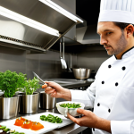 A professional male chef in a clean, white chef's jacket, fully clothed, modest clothing, appropriate attire, standing in a sleek, modern, well-lit professional kitchen. He is focused, looking intently at a small bowl containing an innovative culinary creation, perhaps a dessert with an unexpected herb garnish. On the stainless steel counter, various fresh herbs and gourmet ingredients are arranged neatly. The atmosphere is one of culinary innovation and precision. The image should feature perfect anatomy, correct proportions, well-formed hands, proper finger count, and a natural pose. Professional studio lighting, high-resolution, detailed, safe for work, appropriate content, professional, family-friendly.