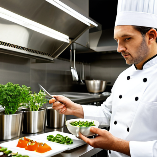 A professional male chef in a clean, white chef's jacket, fully clothed, modest clothing, appropriate attire, standing in a sleek, modern, well-lit professional kitchen. He is focused, looking intently at a small bowl containing an innovative culinary creation, perhaps a dessert with an unexpected herb garnish. On the stainless steel counter, various fresh herbs and gourmet ingredients are arranged neatly. The atmosphere is one of culinary innovation and precision. The image should feature perfect anatomy, correct proportions, well-formed hands, proper finger count, and a natural pose. Professional studio lighting, high-resolution, detailed, safe for work, appropriate content, professional, family-friendly.