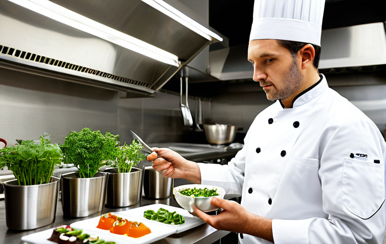 A professional male chef in a clean, white chef's jacket, fully clothed, modest clothing, appropriate attire, standing in a sleek, modern, well-lit professional kitchen. He is focused, looking intently at a small bowl containing an innovative culinary creation, perhaps a dessert with an unexpected herb garnish. On the stainless steel counter, various fresh herbs and gourmet ingredients are arranged neatly. The atmosphere is one of culinary innovation and precision. The image should feature perfect anatomy, correct proportions, well-formed hands, proper finger count, and a natural pose. Professional studio lighting, high-resolution, detailed, safe for work, appropriate content, professional, family-friendly.