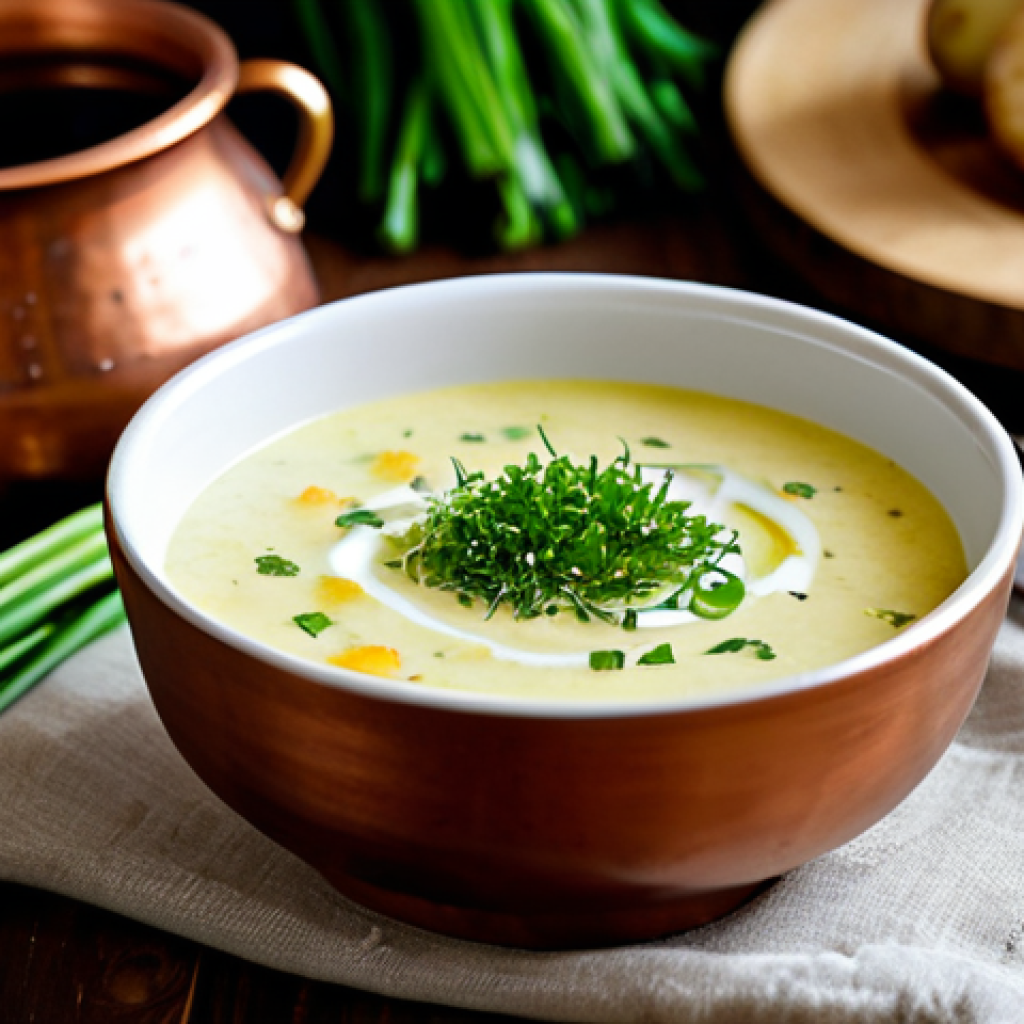 **Prompt:** A bowl of creamy potato soup garnished with fresh chopped chives and a swirl of herb-infused oil, displayed on a rustic wooden table. Background features a blurred view of a cozy kitchen with copper pots. Fully clothed, appropriate content, safe for work, perfect anatomy (of the herbs!), natural proportions, professional food photography, high quality.