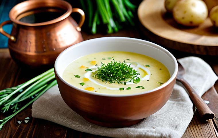 **Prompt:** A bowl of creamy potato soup garnished with fresh chopped chives and a swirl of herb-infused oil, displayed on a rustic wooden table. Background features a blurred view of a cozy kitchen with copper pots. Fully clothed, appropriate content, safe for work, perfect anatomy (of the herbs!), natural proportions, professional food photography, high quality.