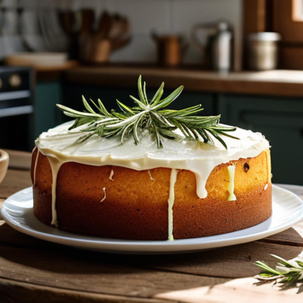 허브를 활용한 베이킹 레시피 - Rosemary Lemon Cake**
"A beautifully decorated lemon cake with fresh rosemary sprigs on top, sittin...