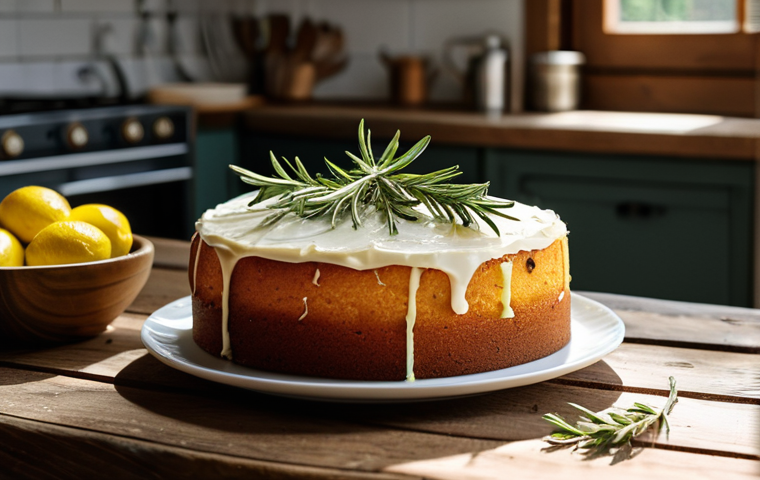 허브를 활용한 베이킹 레시피 - Rosemary Lemon Cake**
"A beautifully decorated lemon cake with fresh rosemary sprigs on top, sittin...