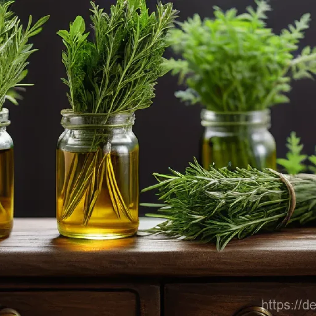 허브로 만든 천연 식용유 만들기 - Here are three detailed image generation prompts in English, inspired by the theme of homemade herb ...