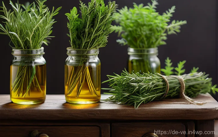 허브로 만든 천연 식용유 만들기 - Here are three detailed image generation prompts in English, inspired by the theme of homemade herb ...