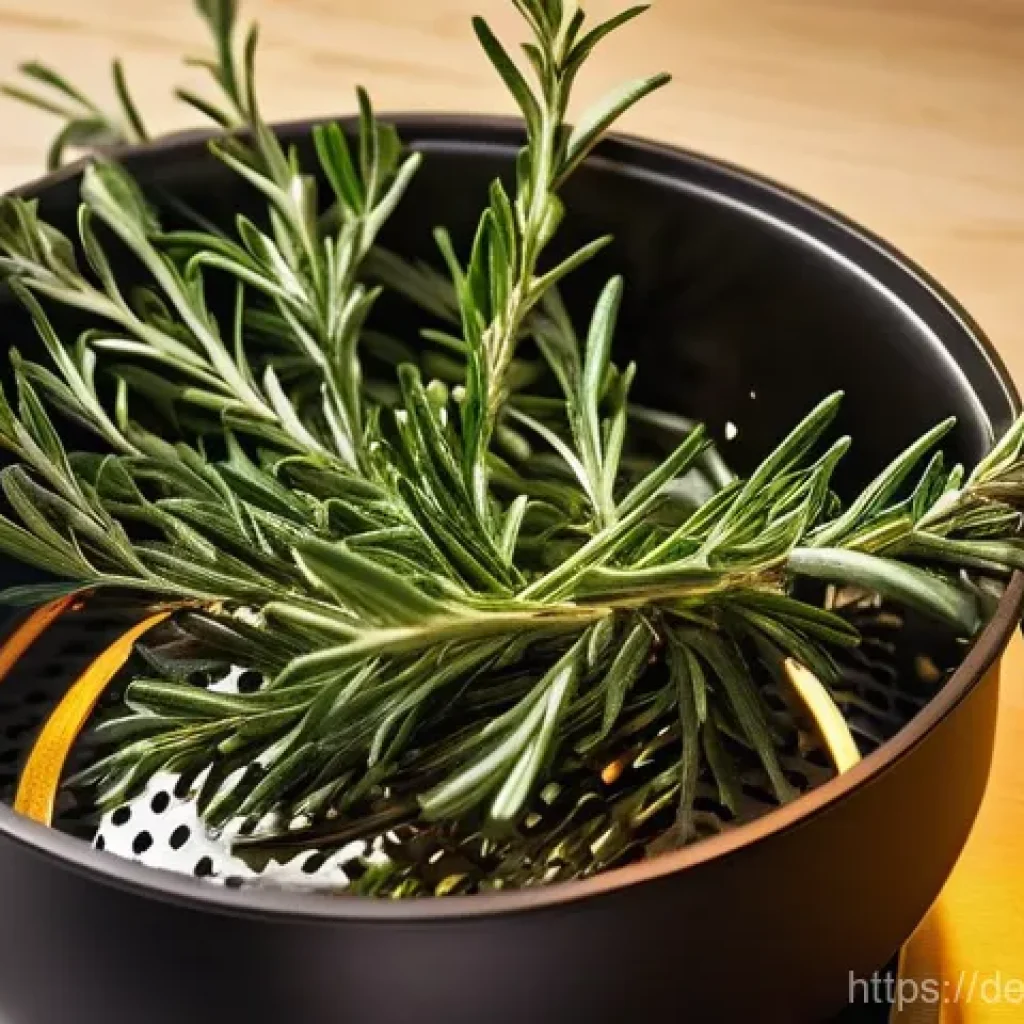 허브를 활용한 튀김 요리의 풍미 증진법 - **Prompt:** A close-up, high-definition shot capturing the moment fresh rosemary sprigs and vibrant ...