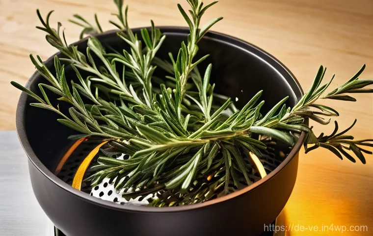 허브를 활용한 튀김 요리의 풍미 증진법 - **Prompt:** A close-up, high-definition shot capturing the moment fresh rosemary sprigs and vibrant ...