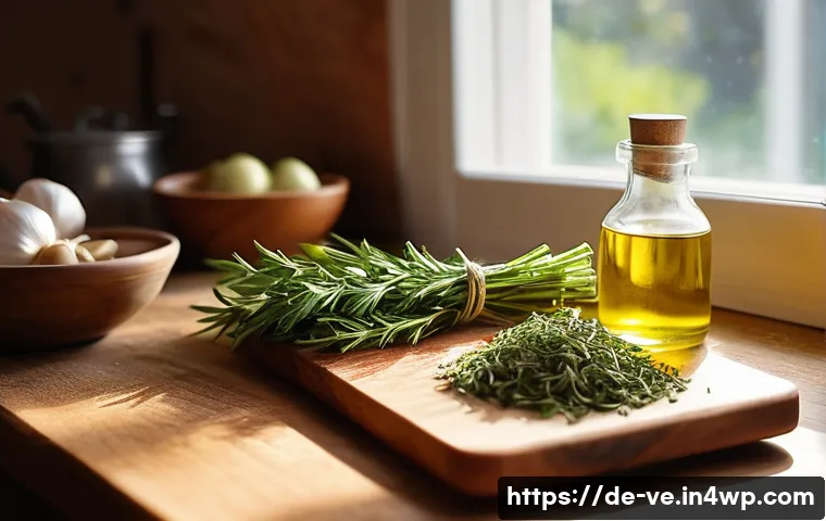 허브를 이용한 다양한 마리네이드 레시피 - **Prompt 1: Fresh Herb Preparation in a Sunlit Kitchen**
A close-up shot of a pair of hands, gen...
