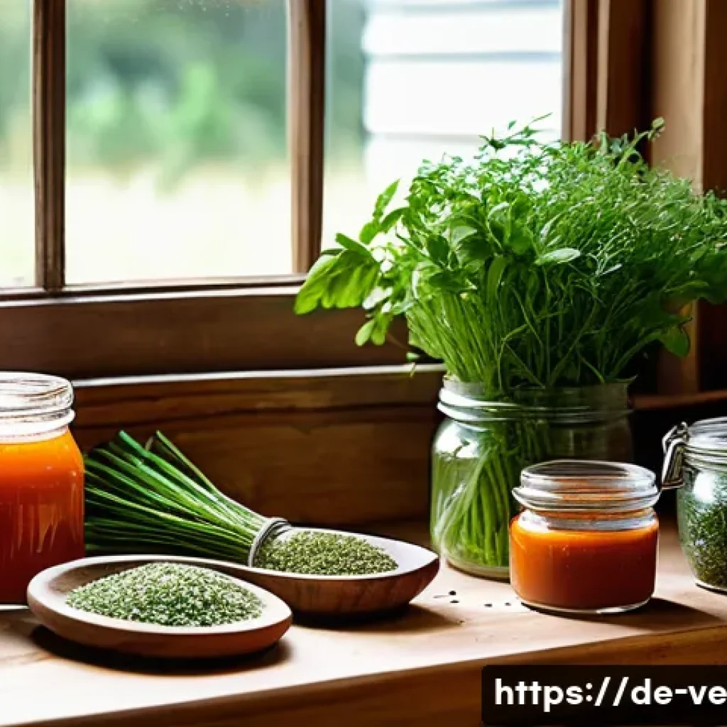 허브를 활용한 스프의 풍미 증진법 - A rustic kitchen scene showcasing fresh and dried herbs prepared for cooking soup: a wooden cutting ...