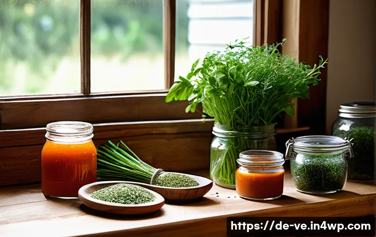 허브를 활용한 스프의 풍미 증진법 - A rustic kitchen scene showcasing fresh and dried herbs prepared for cooking soup: a wooden cutting ...