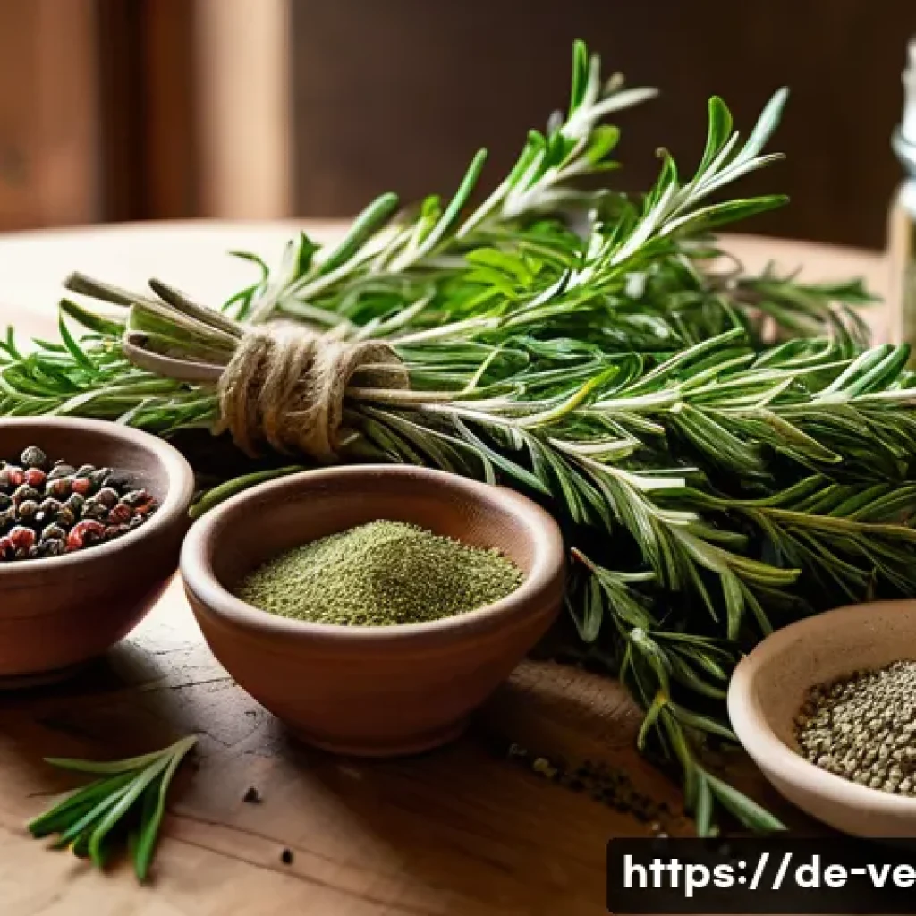 허브와 시즈닝의 조화로운 배합 - A vibrant and detailed still life of fresh Mediterranean herbs and spices arranged artfully on a rus...