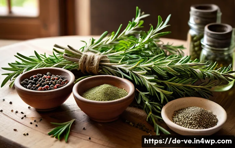 허브와 시즈닝의 조화로운 배합 - A vibrant and detailed still life of fresh Mediterranean herbs and spices arranged artfully on a rus...