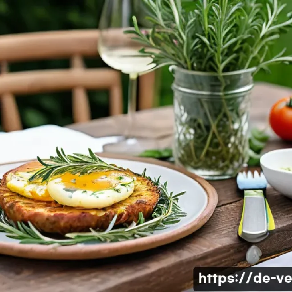 허브를 활용한 주말 브런치 레시피 - A cozy brunch table set outdoors in a bright garden with fresh basil, thyme, and rosemary sprigs ele...