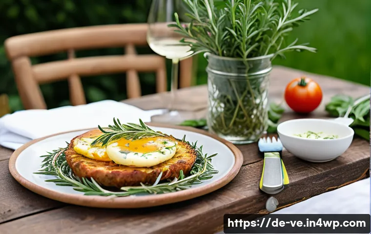 허브를 활용한 주말 브런치 레시피 - A cozy brunch table set outdoors in a bright garden with fresh basil, thyme, and rosemary sprigs ele...