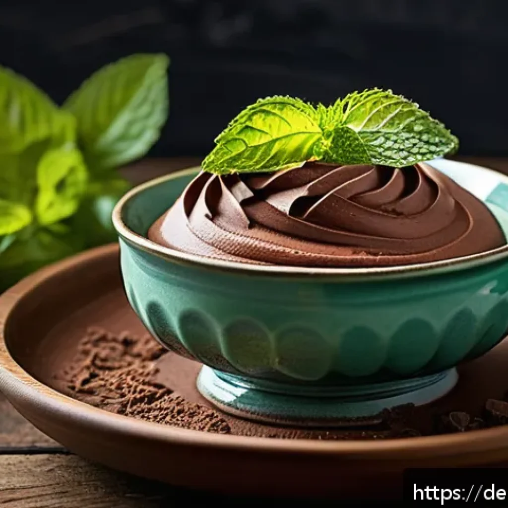 허브를 활용한 디저트 레시피 - A vibrant summer dessert scene featuring a rustic ceramic bowl of chocolate mousse delicately folded...