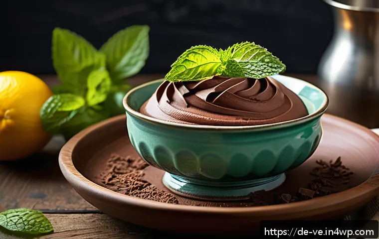 허브를 활용한 디저트 레시피 - A vibrant summer dessert scene featuring a rustic ceramic bowl of chocolate mousse delicately folded...
