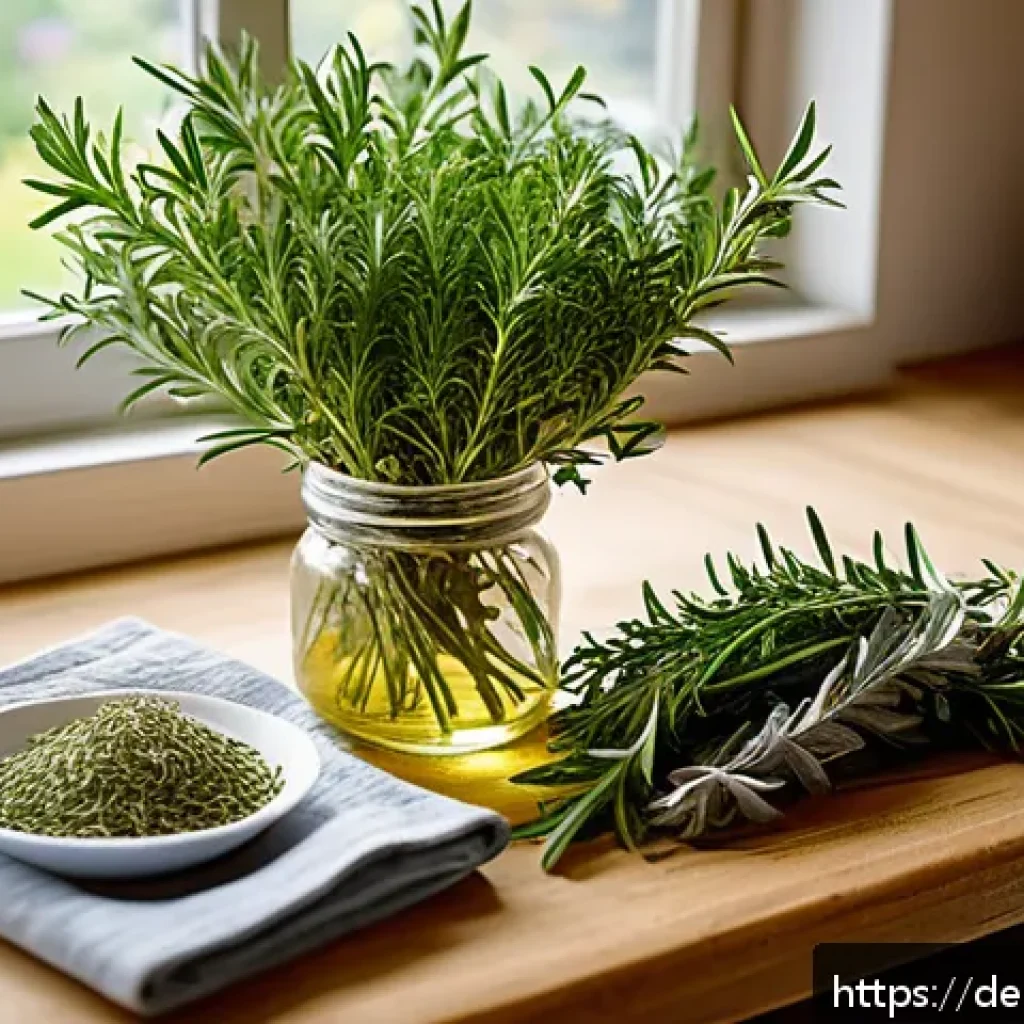 허브로 만든 수제 오일 레시피 - A rustic kitchen scene featuring a wooden table with fresh garden herbs like rosemary, thyme, basil,...