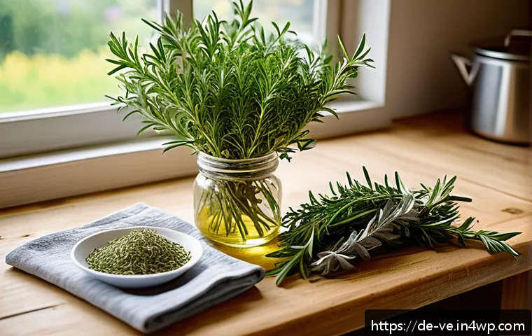 허브로 만든 수제 오일 레시피 - A rustic kitchen scene featuring a wooden table with fresh garden herbs like rosemary, thyme, basil,...