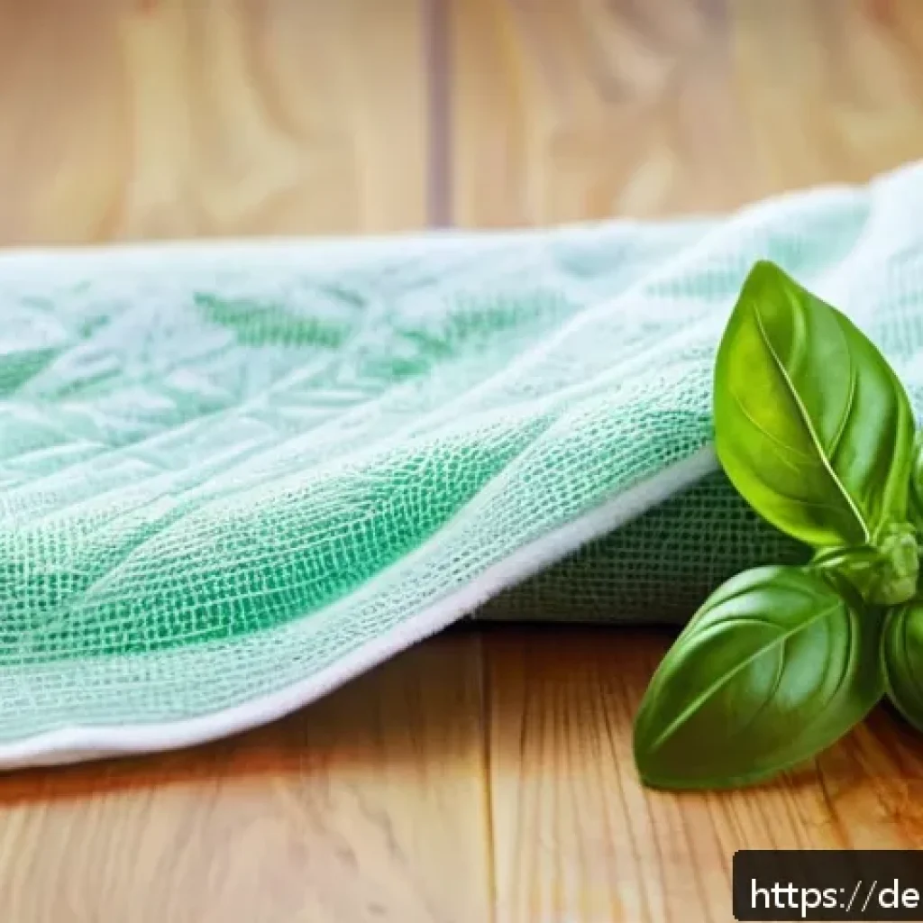 허브의 효과적인 보관 방법 - A detailed, close-up image of fresh basil leaves wrapped gently in a slightly damp kitchen towel, pl...