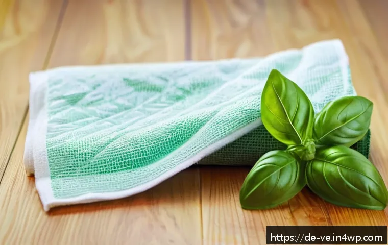 허브의 효과적인 보관 방법 - A detailed, close-up image of fresh basil leaves wrapped gently in a slightly damp kitchen towel, pl...