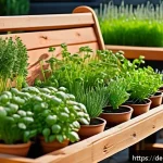 Home 21 가장 인기 있는 허브의 풍미 특성 - A vibrant, sunlit German herb garden in early morning light, showcasing fresh basil, parsley, chives...