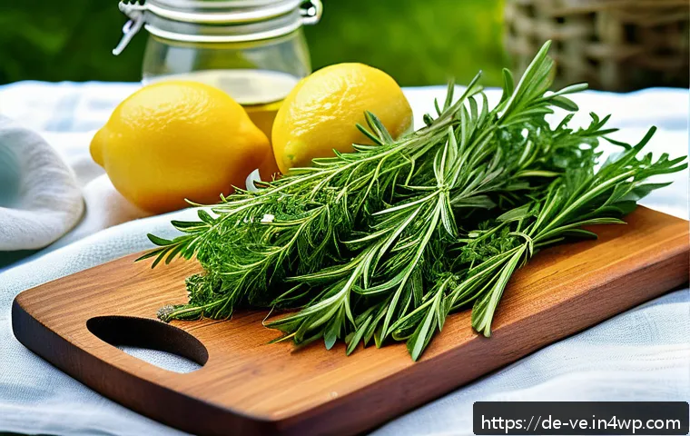 허브를 이용한 홈메이드 피크닉 메뉴 - A vibrant picnic scene featuring a rustic wicker basket filled with fresh herbs like parsley, basil,...