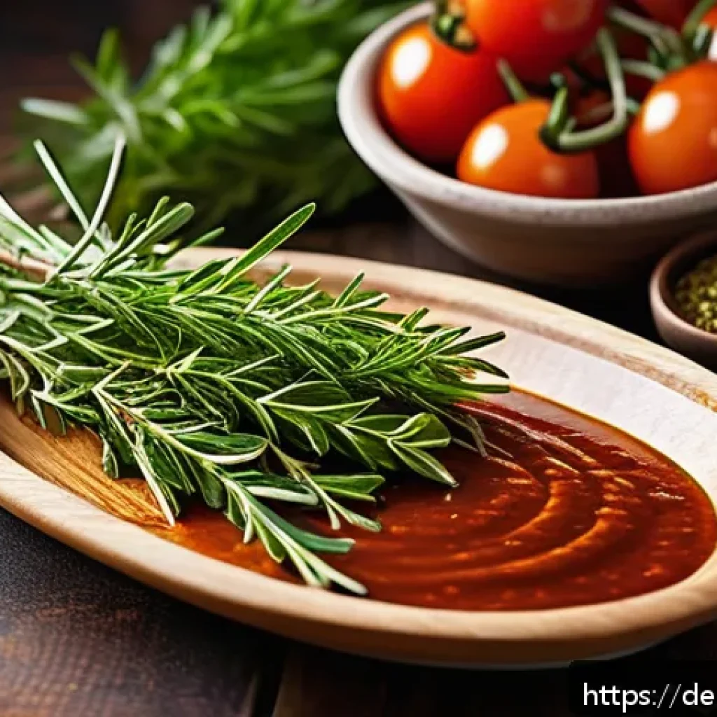 허브로 즐기는 바비큐 소스 만들기 - A vibrant, close-up image of a rustic wooden table adorned with freshly harvested Mediterranean herb...