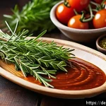 Home 19 허브로 즐기는 바비큐 소스 만들기 - A vibrant, close-up image of a rustic wooden table adorned with freshly harvested Mediterranean herb...