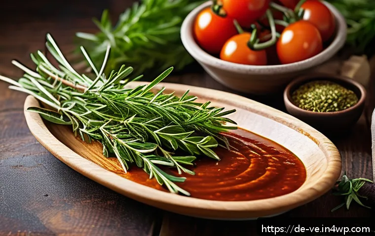 허브로 즐기는 바비큐 소스 만들기 - A vibrant, close-up image of a rustic wooden table adorned with freshly harvested Mediterranean herb...