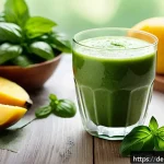 Home 18 허브를 활용한 건강한 스무디 레시피 - A vibrant, fresh green smoothie in a clear glass placed on a rustic wooden table, surrounded by fres...