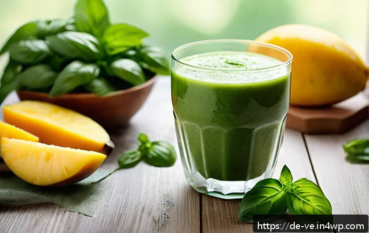 허브를 활용한 건강한 스무디 레시피 - A vibrant, fresh green smoothie in a clear glass placed on a rustic wooden table, surrounded by fres...