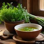 Home 23 허브를 활용한 국물 요리 풍미 내기 - A rustic kitchen scene featuring a wooden table with freshly harvested herbs such as parsley, thyme,...