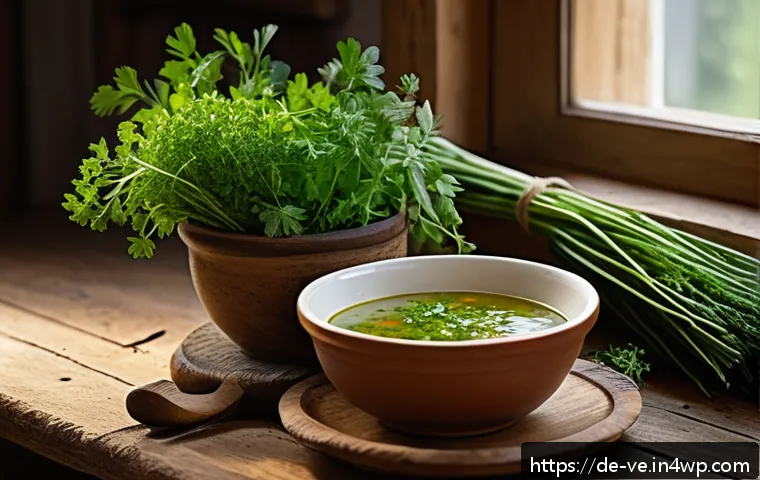 허브를 활용한 국물 요리 풍미 내기 - A rustic kitchen scene featuring a wooden table with freshly harvested herbs such as parsley, thyme,...