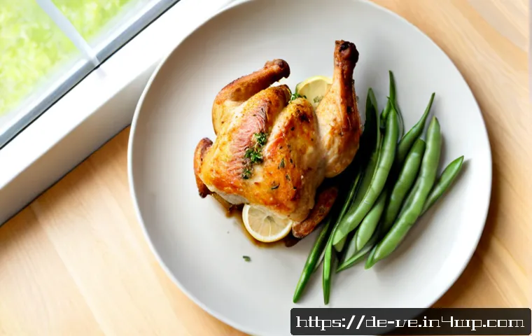 Home 17 허브를 이용한 저염식 요리 레시피 - Photorealistic overhead food photography of a low-sodium German-inspired herb roasted chicken dinner...