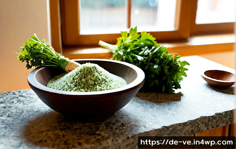 허브의 풍미를 높이는 조리 도구 - Photorealistic German home kitchen scene, a heavy granite mortar and pestle crushing fresh basil, pa...